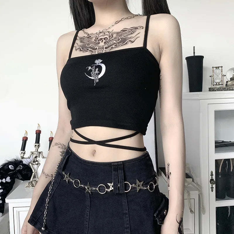 Gothic Women's Print Suspender Sleeveless Square Neck Slim Crop Top Sexy Halter Bottoming Shirt Girls Party Wear