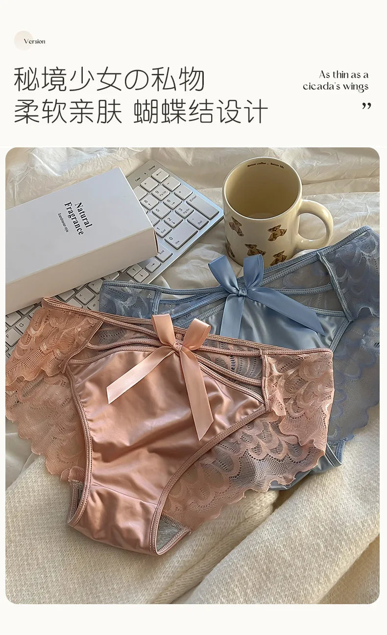 5Pcs Silk underwear, Women's intimate sexy lovely soft comfortable bowknot silk light thin triangular pants lace splicing