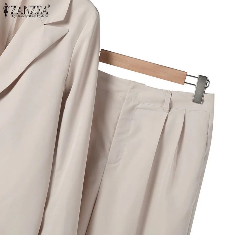 ZANZEA Korean Fashion Blazer Tops 2pcs Suits Autumn 2024 Solid Color Women Elegant Pant Sets Trousers Commute Blazer Suits