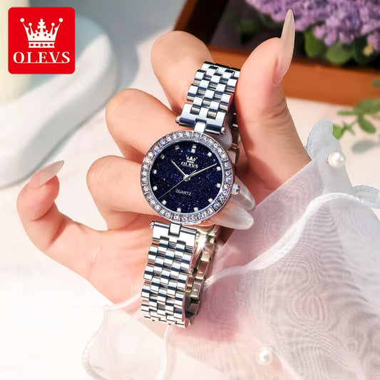 OLEVS 3641 Womens Watch Original Elegant Quartz Watch Waterproof Luminous Stainless Steel Starry Dial Ladies Watch With Box Gift