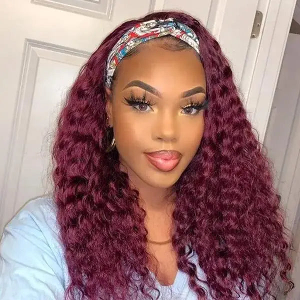 200% Density Headband Reddish Brown Wig Human Hair Ginger Deep Wave Burgundy 99J Curly Water Wave Glueless Wigs Clearance Sale Burgundy 99J Wig United States
