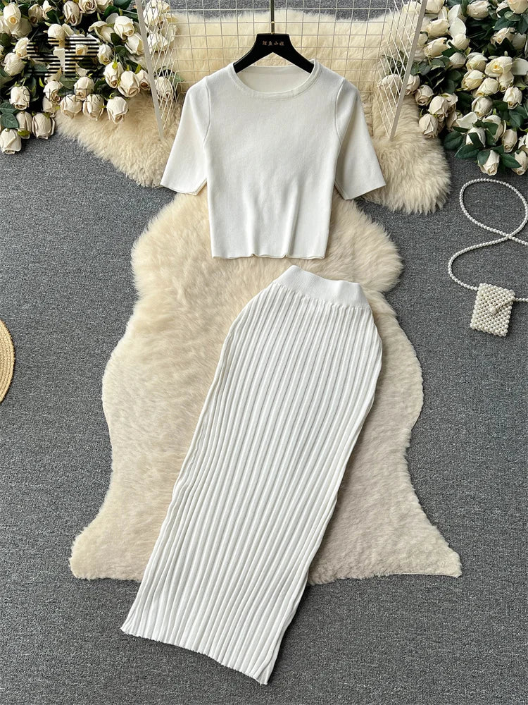 SINGREINY Casual Two Piece Sets Women Summer O Neck Top Elastic Waist Long Skirt Fashion Office Lady Korean Knit Suit white One Size