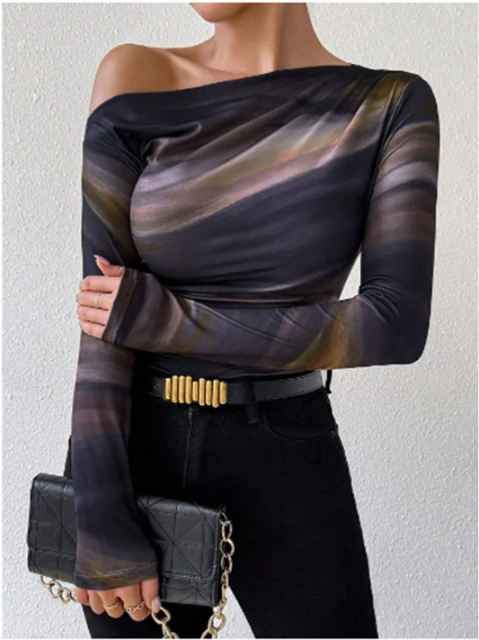 Y2K Slim Fit Long Sleeved Diagonal Collar Printed T-shirt Women's Fashionable Street Sexy Versatile Autumn Top