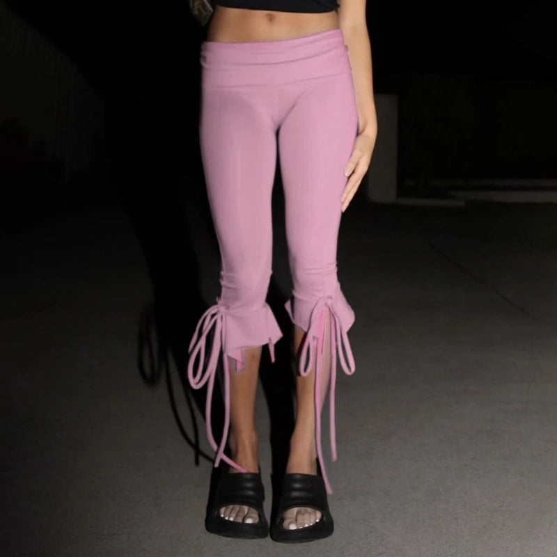 Vintage Tie-up Ruffles Hem Short Pants Y2k Knee Length Capri Trousers Women Folds Low Waist Skinny Pants Fashion High Street Badiee Stylez