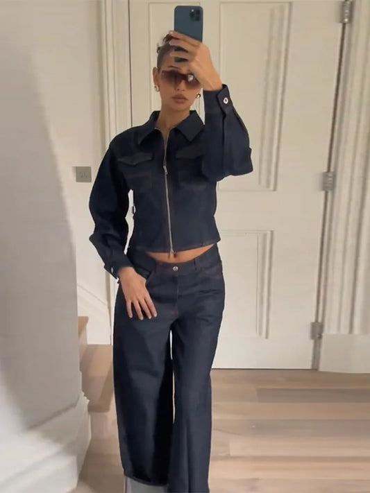 Lapel Zipper Denim Jackets Pants Sets Women Casual Pockets Short Jackets Suit With High Waist Jeans Lady Chic High Street Outfit