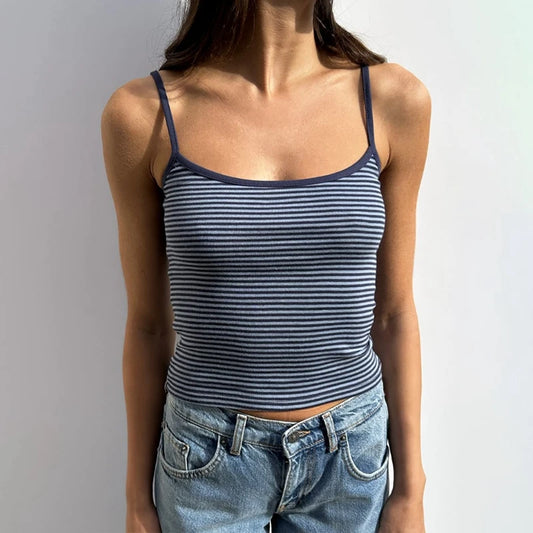 Y2k Striped Tank Top Women Backless Square Neck Crop Tops Going Out Sleeveless Spaghetti Strap Vest Vintage Camisole Streetwear