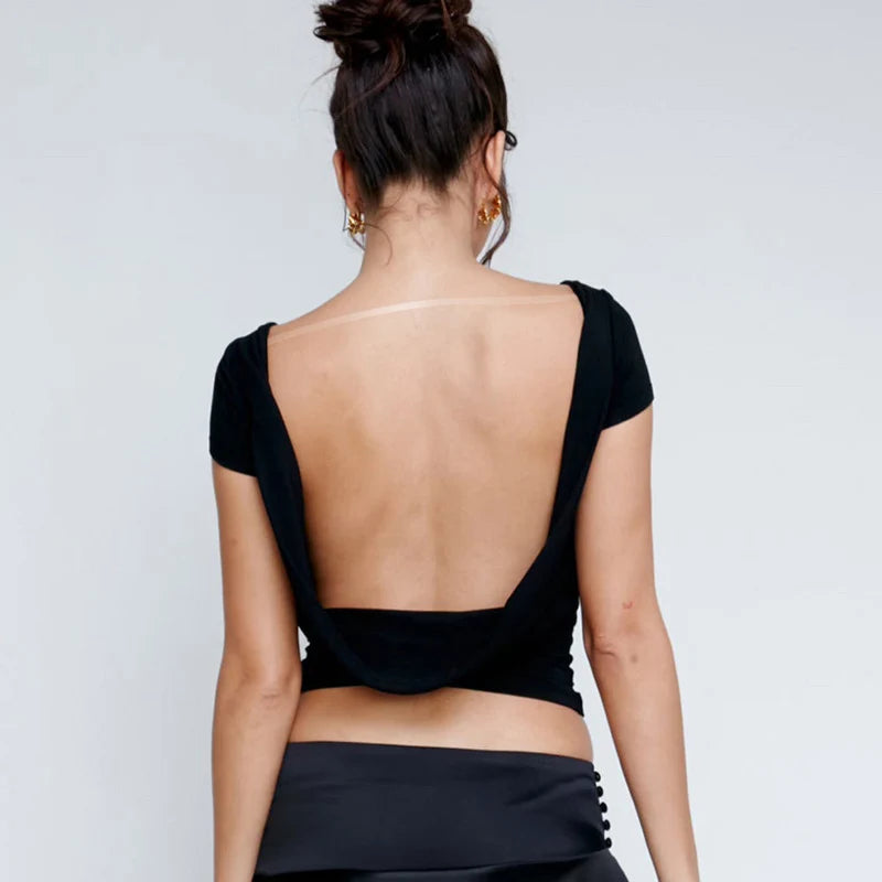 O Neck Short Sleeve Backless Ruched Crop Top Women'S Tshirt Y2K Streetwear Summer Spring Dropshipping Casual Clothing