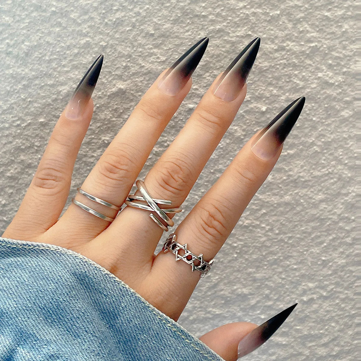 Red Black Gradient Press on Nails Medium Length Coffin Fake Nails with Sticky Tabs Ballerina False Nails Tips for Women 24Pcs Y-6