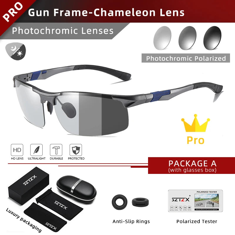 SZTZX Aluminum Rimless Photochromic Sunglasses Men Polarized Day Night Driving Glasses Chameleon Anti-Glare Sport gafas de sol Gun-Photochromic