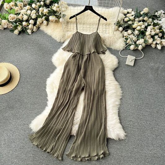 Vacation Loose Jumpsuit Strap Backless Thin Romper Streetwear Women INS One-Piece Outfit Beach Style Pleated Bodysuits