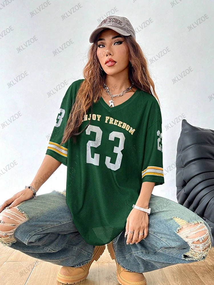 Summer New Black Enjoy Freedom 23 Print T-Shirt For Women V-Neck Short Sleeve Mesh Sports Football Jersey Y2K Oversized Tops TZ1127323