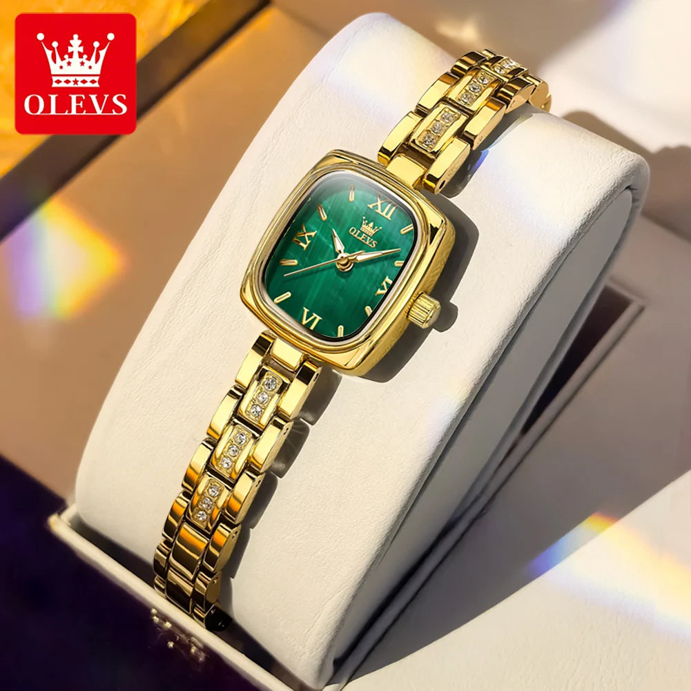 OLEVS 3695 Women Watches Tonneau Quartz Watch Waterproof Luminous Ladies Watch For Woman Luxury Fashion Original Elegant New Gold Green CHINA Yes