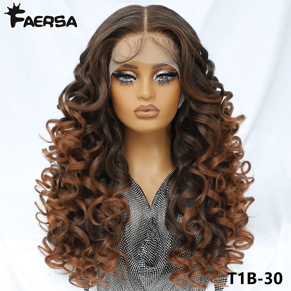 Latisha 13X6 HD Synthetic Lace Front Wigs Curly Pre Plucked Lace Frontal Wig with Bangs for Women Highlight with Babyhair 24Inch Badiee Stylez