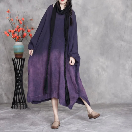 Johnature Women Vintage gradient color Dress Linen Autumn Robes 2025 New O-Neck Bat Sleeve Loose Female Dresses Badiee Stylez