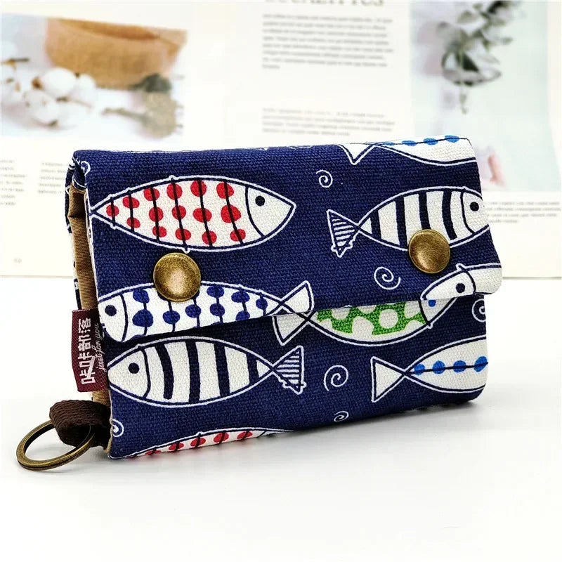 1pcs New Canvas Cartoon Totoro Cat Printed Flower Dog Women Short Wallet Cute Mini Money Key Bag Coin Pocket Purse for Children fish