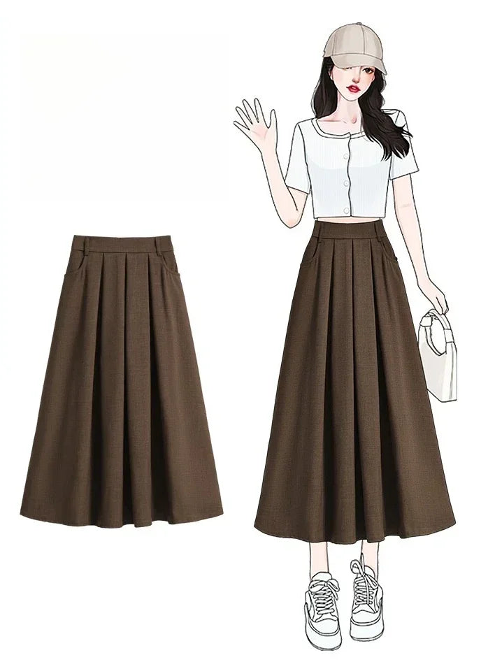 2025 Solid Color Versatile Medium Length Skirt Pleated Plus Size A-Line Maxi Gown Cover Hip Spring Summer New Half-length Skirt