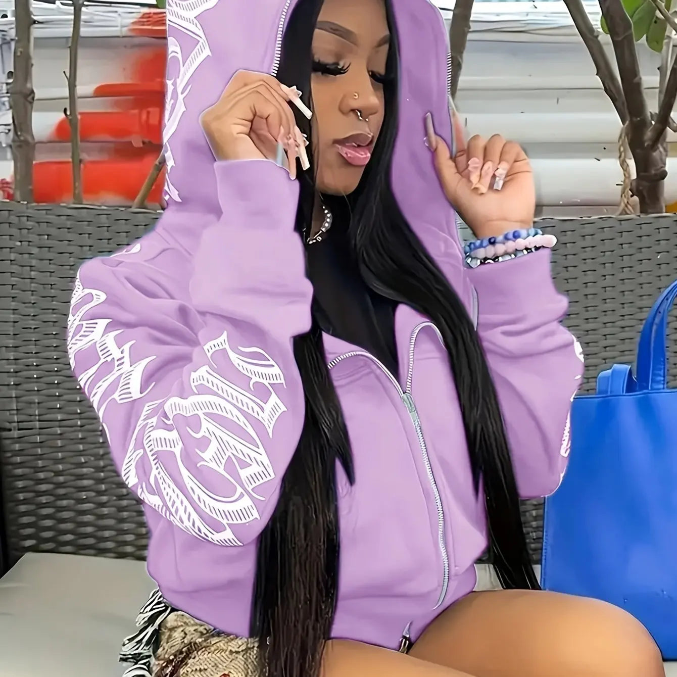 Letter Print Long Sleeve Zip Up Hoodies, Cyber Y2K Gothic Punk Sweatshirt, Women's Clothing Light Purple