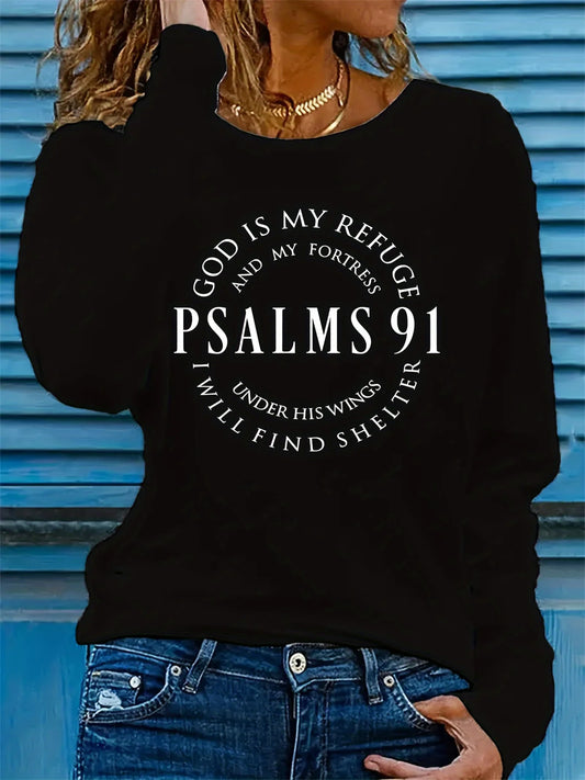 Spring and Autumn Women's 100% Cotton Fashion Casual Loose Inspirational Palms 91 Verseprint Round Neck Long Sleeve T-shirt
