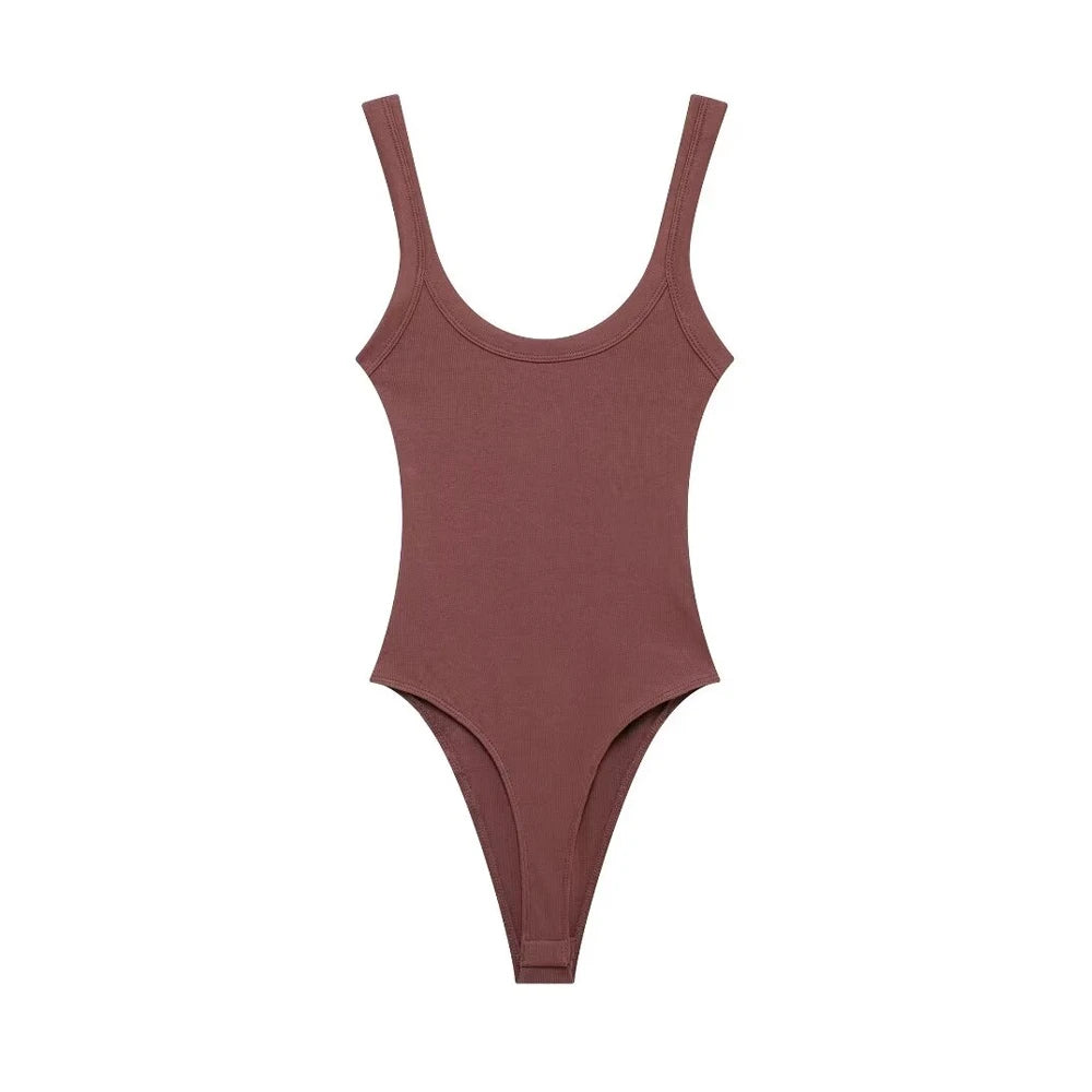 TRZA-Skinny Ribbed Bodysuits for Women, O Neck, Straps, Snap-Button, Female Playsuits, Sexy Fashion as picture 1