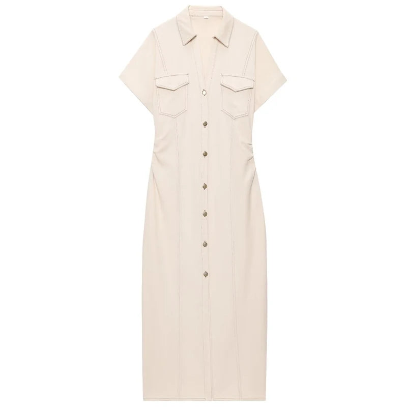 TRAF Womens Denim Dresses Summer 2025 Button Bodycon Blue Dress Ruffled Batwing Sleeve Long Dress Chic Casual Beach Vestidos 066 Beige