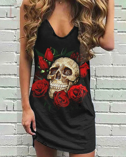 Skull Scarf Sunglasses Print Women Sleeveless Summer Vest dress Solid Color Dress Streetwear O-Neck Casual