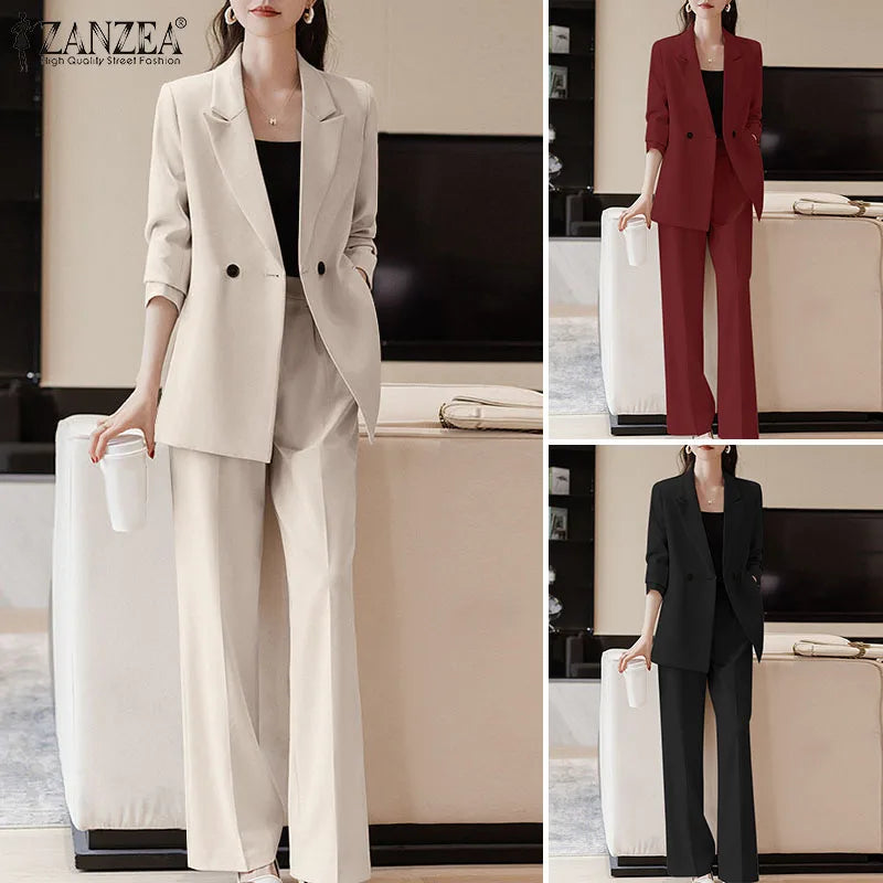 ZANZEA Korean Fashion Blazer Tops 2pcs Suits Autumn 2024 Solid Color Women Elegant Pant Sets Trousers Commute Blazer Suits