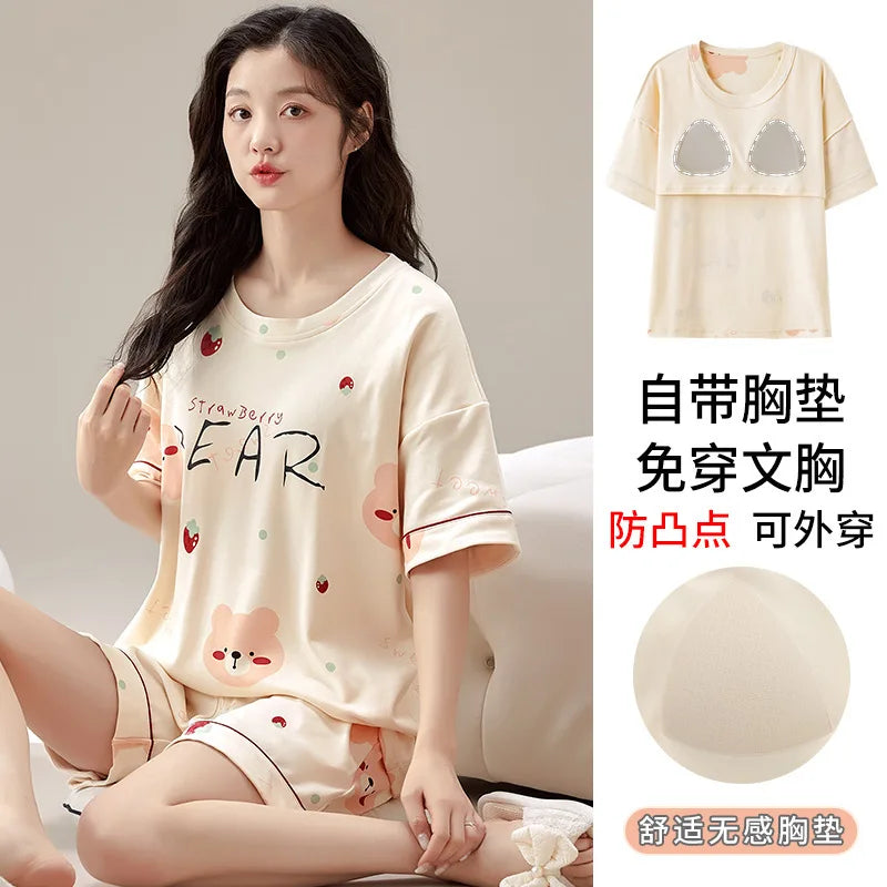 Summer 100% Cotton Women's Pajamas With Padded Bra Sweet Princess Cartoon Comfortable Short Sleeve Shorts Pajama Sets D1044 CHINA