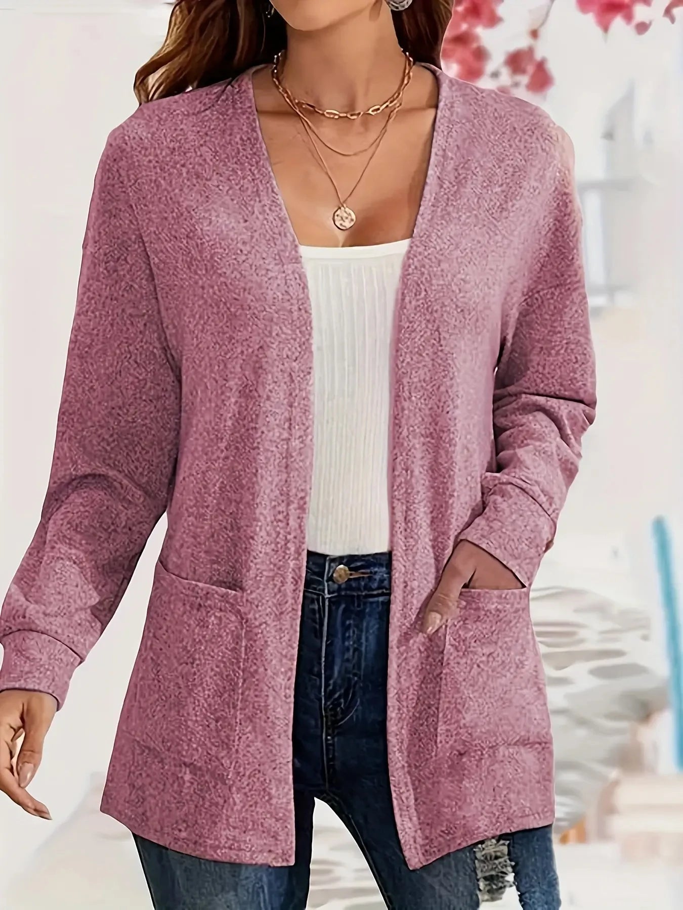 Autumn chic casual solid color pocket thin plus size women's jacket cardigan Pink