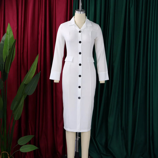 Elegant Bodycon Dresses for Women Turn Down Collar Full Sleeve Buttons Sheath Solid Mid Calf Professional Business Work Dress OL Badiee Stylez