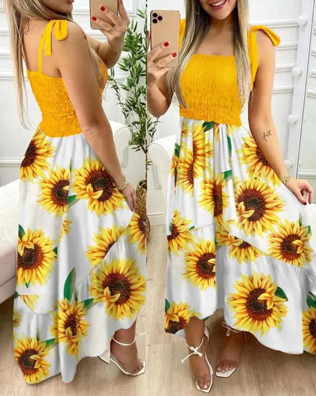Summer Sexy Spaghetti Strap Floral Print Maxi Dress For Women Casual Elegant Chest Wrap Long Woman Beach Dress Holiday Yellow