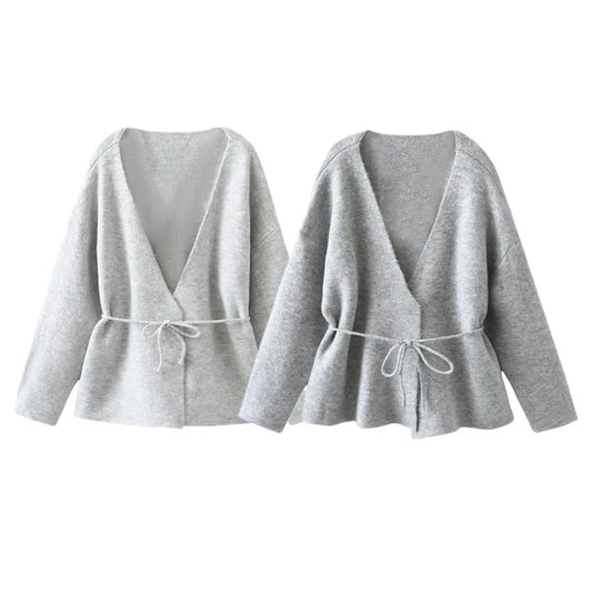 Women Solid Color Lace-up Knitted Sweater Jacket Female Cardigan with Belt Autumn and Winter Woolen Simple Cardigan Sweater