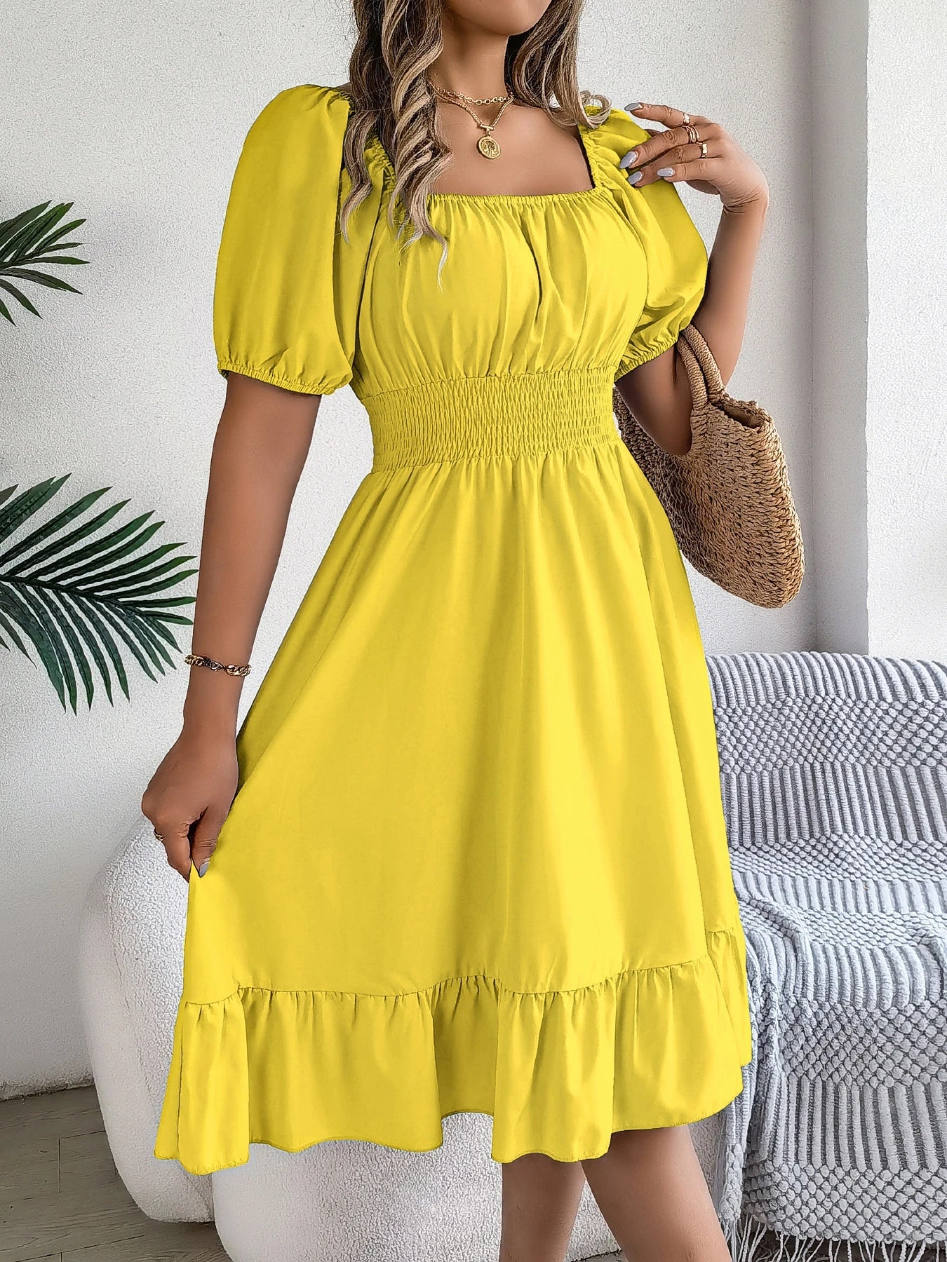 Spring and Summer Elegant High Waisted Dress Square Neck Short Sleeved Ruffled Edge Long Dresses for Women Badiee Stylez
