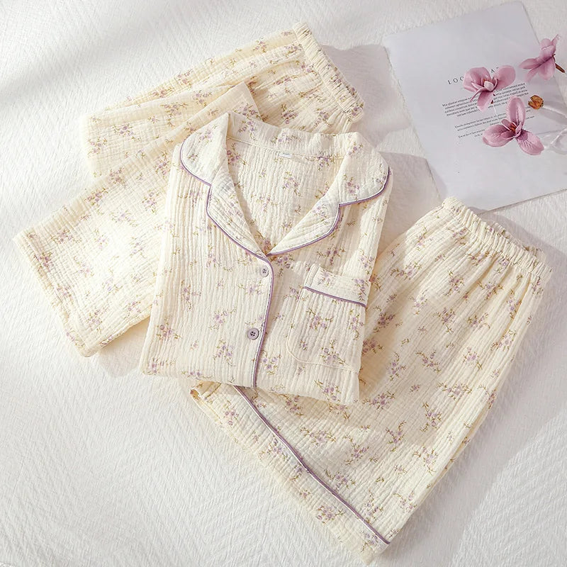 2025 New Summer Women's Pajama Set 100% Cotton Crepe Short Sleeve+Shorts+Pants 3-Piece Pajama Women's Cardigan Home Clothes 02
