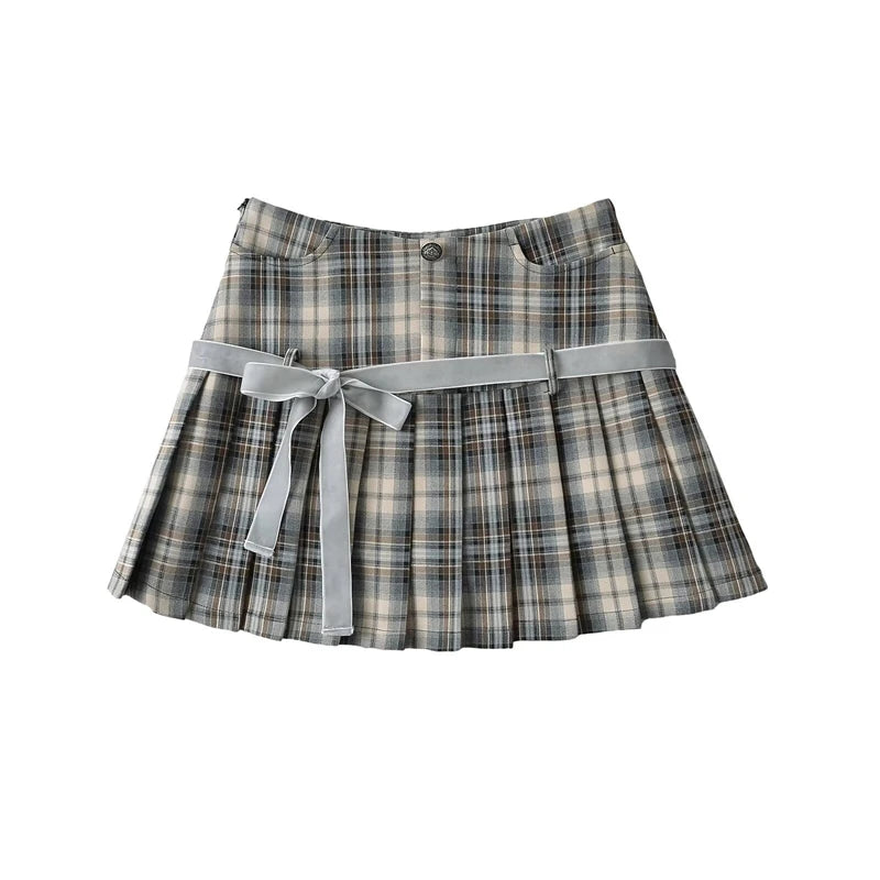Women's Y2k A-line Pleated Skirt Vintage Plaid Mini Skirt Harajuku Korean Elegant Preppy Style Bow Skirts 2000s Clothes Summer Grey
