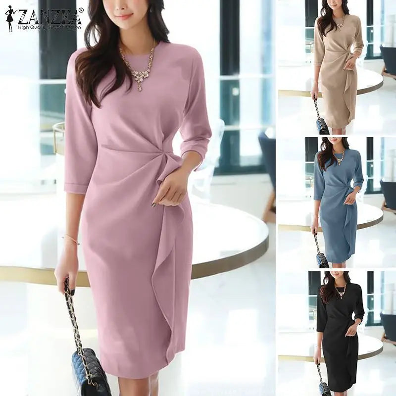 ZANZEA Elegant Office OL Dress Summer Women Half Sleeved Party Sundress Solid Knee Length Robe Fashion Holiday Work Vestidos