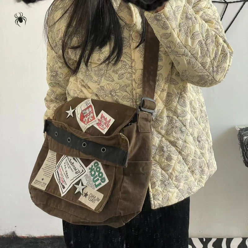 Y2k Vintage Canvas Messenger Bag Casual Preppy Crossbody Punk Patchwork Star Patch Shoulder American Fashion Retro Women Handbag