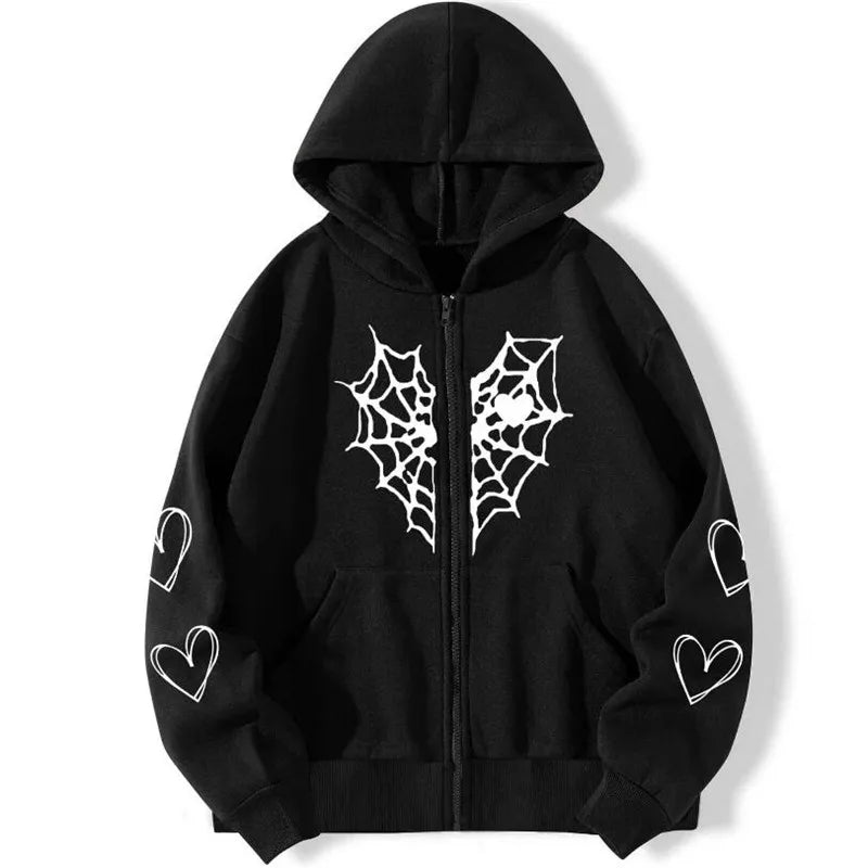 Y2K Rhinestone Cobweb Zip Up Oversized Sweatshirt 2022 Autumn Goth Hoodie Men Women Grunge Hooded Jacket Streetwear Y2K Clothing nz650-black