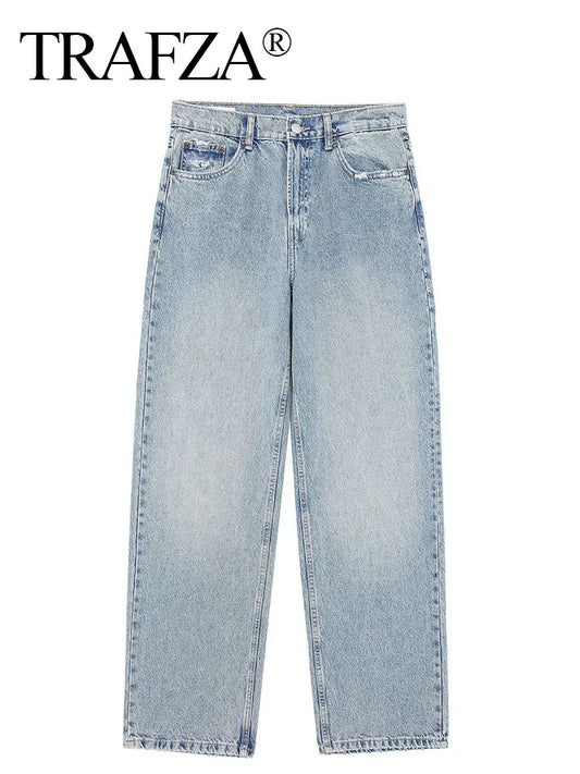 TRAFZA Jeans For Women Fashion Vintage Holes Decorated Denim Pant Patchwork High Waist Trousers Y2K 2024 High Street Lady Jeans