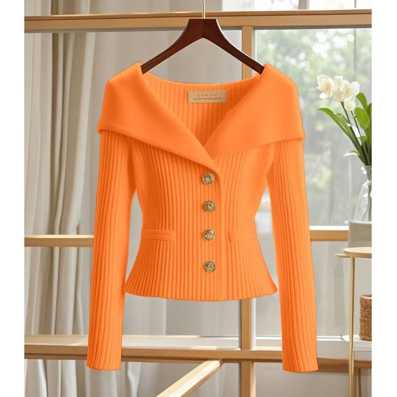 2025 New Women Cardigan Sweater High Quality High-end chic Long Sleeve Knitwear Autumn Winter Female Clothes Sweater Jacket Orange CHINA