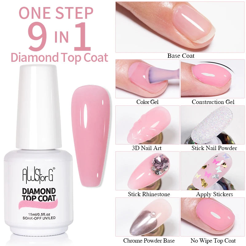 AWStorG15ml 2 IN 1 Crystal Top Coat Transparent Soak Off UV LED Nails Art Manicure Gel Nail Polish Varnishes Primer Function Gel Diamond Top 04