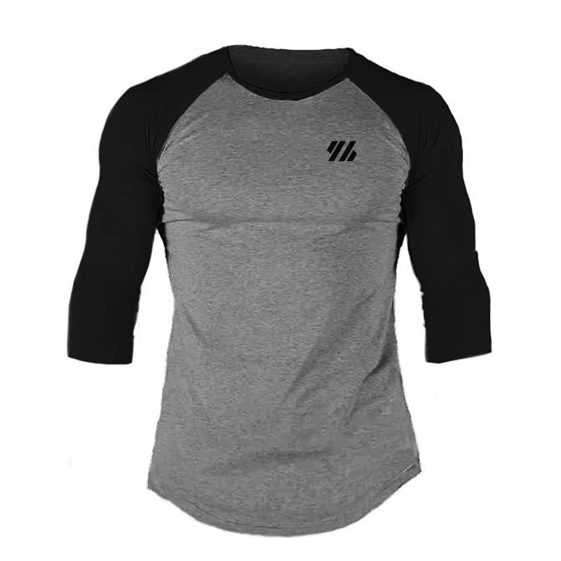 Men's Three Quarter Sleeves Cotton Slim Fit Shirts Fashion Color Contrast Sportswear Gym Bodybuilding Fitness Workout T-Shirts gray