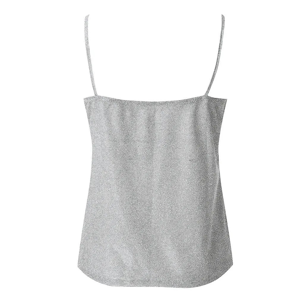 Women’s Solid Color V-Neck Tank Tops Ladies Glitter Strappy Sexy Cami Swing Vest Clubwear Fashion Canottiera Donna Estiva