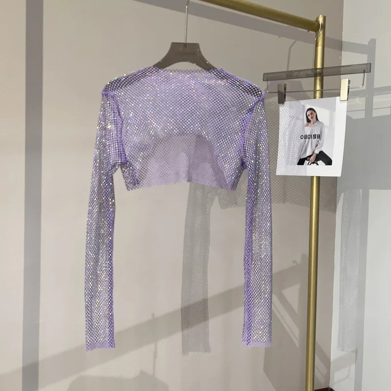 2023 new sexy bright diamond short top Slim thin Ms. hot drill long-sleeved T-shirt sexy leak waist nightclub purple One Size