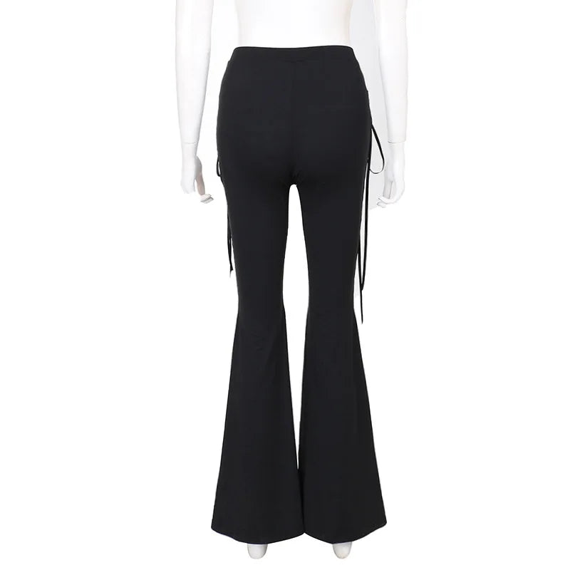 Y2K Summer Cross-band Strap Art Micro-flare Casual Pants Metal Buckle Decoration Personal Pants Women Versatile Sexy Slim Pants