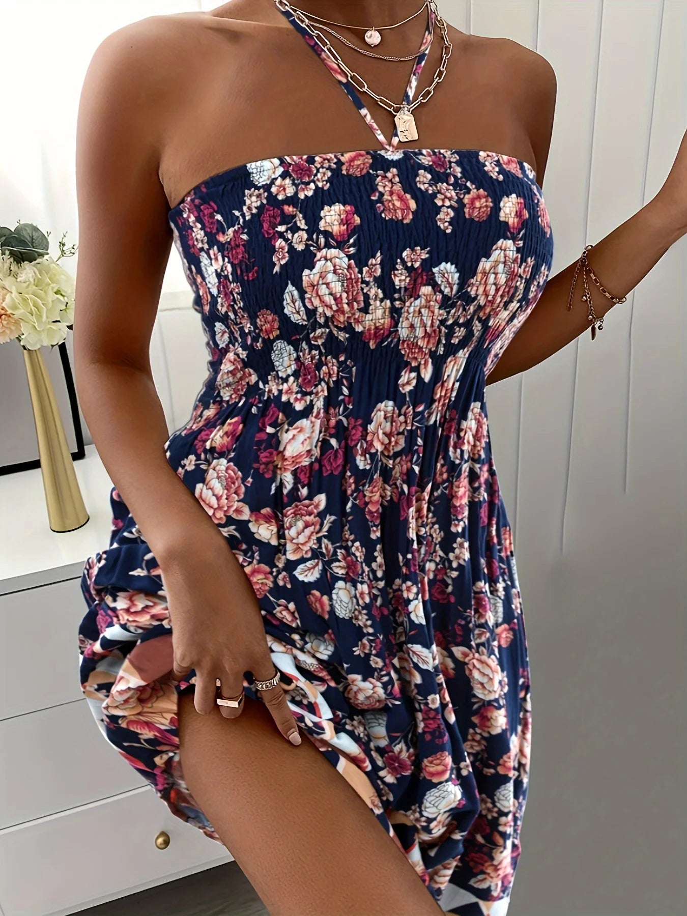 Plus Size Women Boho Flower Printed Dress Women's Strap Neck Casual Vacation Dress Navy Blue