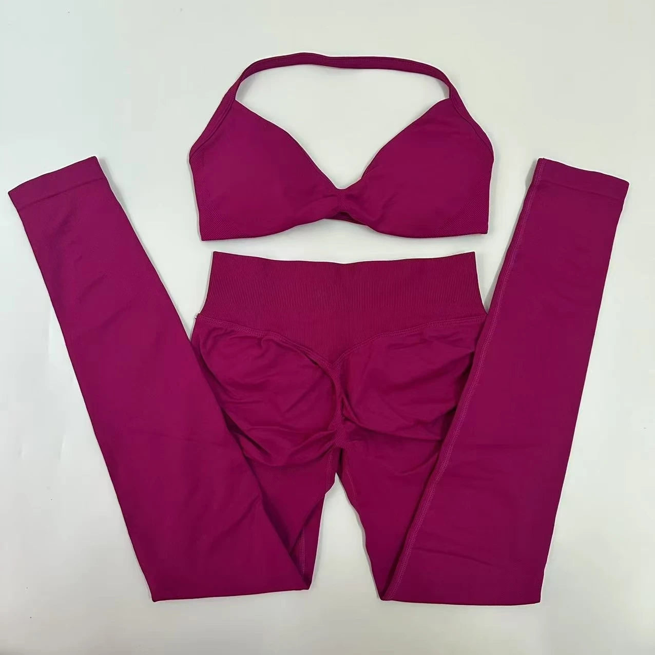 No Logo Seamless Yoga Set Women Workout Scrunch Leggings Set Strappy Halter Sports Bra Fitness Gym Clothing Workout Set 2 Pieces Badiee Stylez