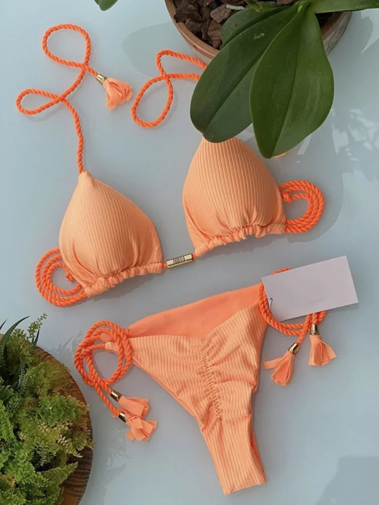 New Women Bikini Backless Rope Triangle Swimsuit Multicolor 8239