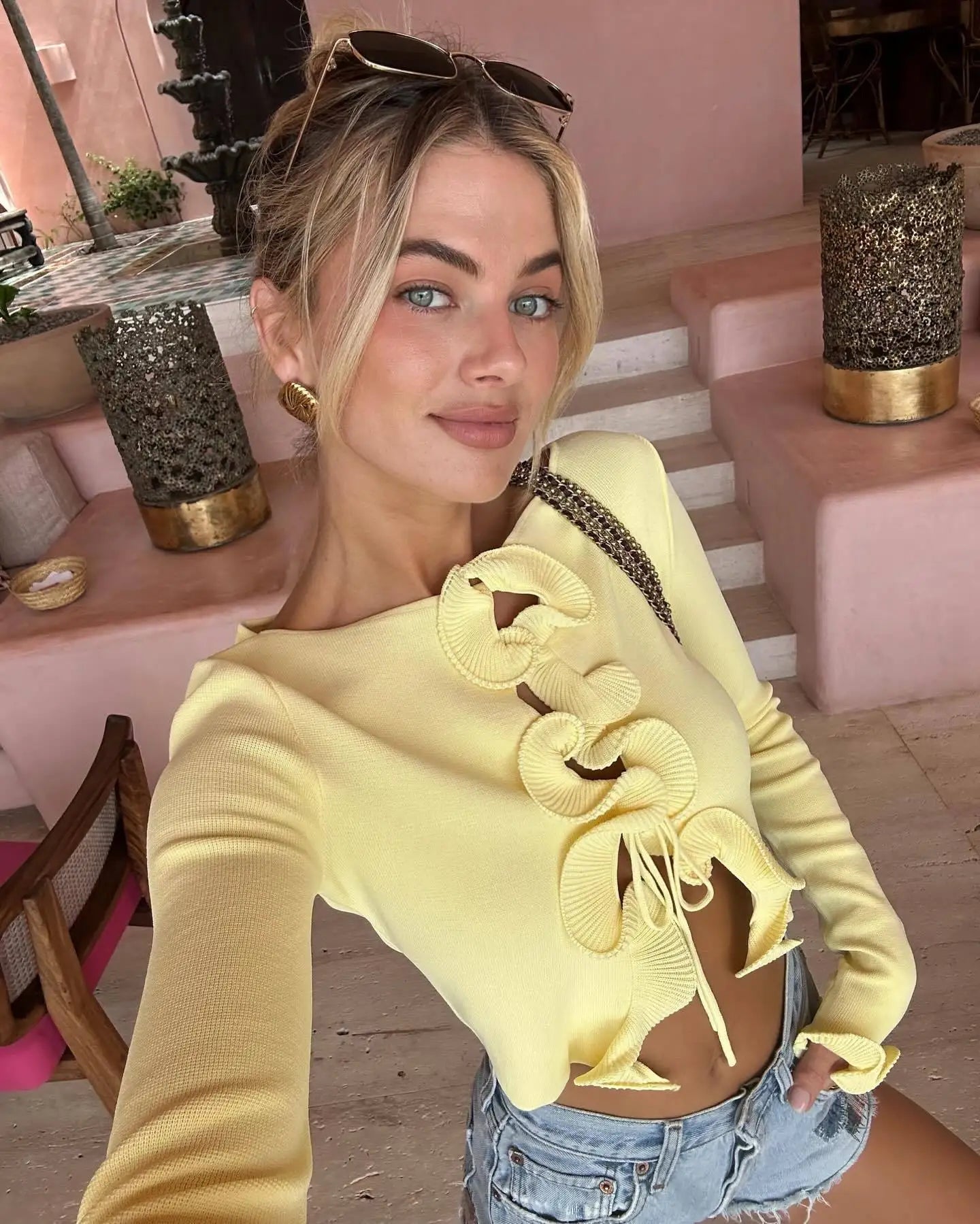 Yellow Knit Sweater Lace up Cropped Cardigan Ruffles Top For Women Black White Long Sleeve Y2K Clothing 2025 New Knitwears Fall