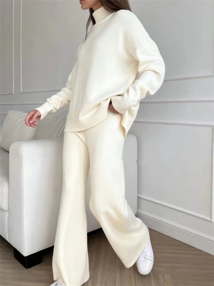 Autumn Winter 2 Pieces Women Sets Knitted Tracksuit Turtleneck Sweater and Straight Jogging Pants Suits WHITE One Size