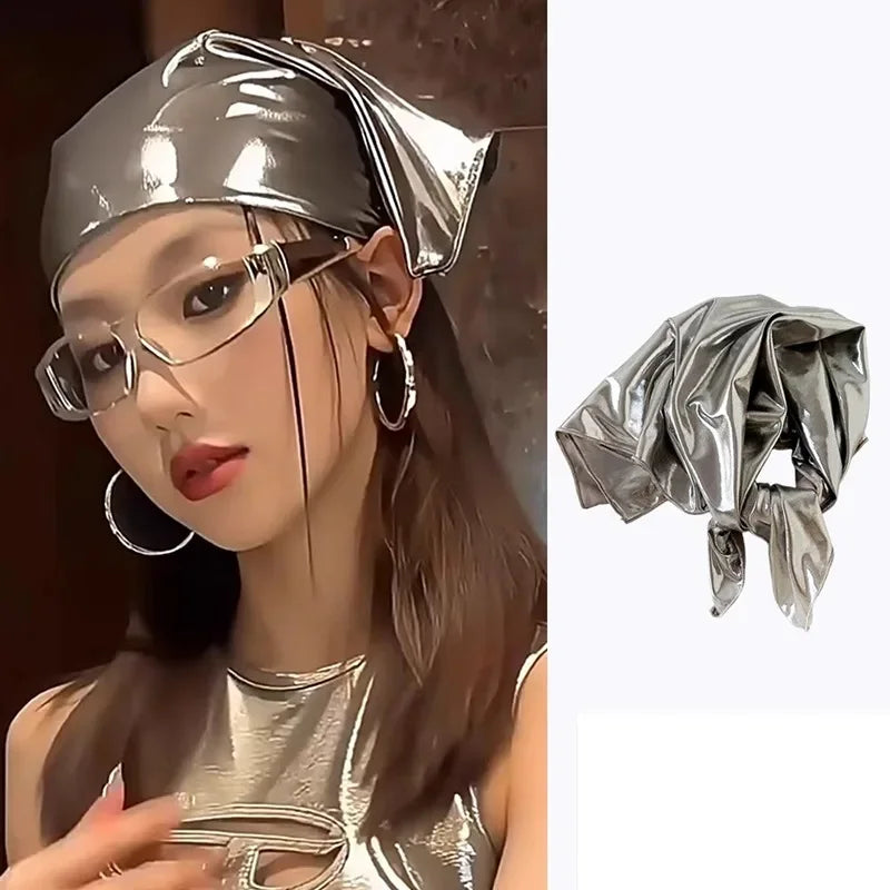 Y2K Punk Bandana Scarf for Women Fashion Square Headwear Bling Silver Head Scarf Hair Accessories Bandanas for Girls Women